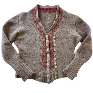 Vintage Hand Knit Wool Cardigan sweater Brown Marled Red Bone Buttons XS S